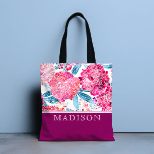 Stylish Pink Floral Pattern Chic Personalised Name Tote Bag