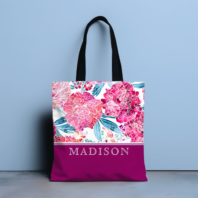 Stylish Pink Floral Pattern Chic Personalised Name Tote Bag (Creator Uploaded)