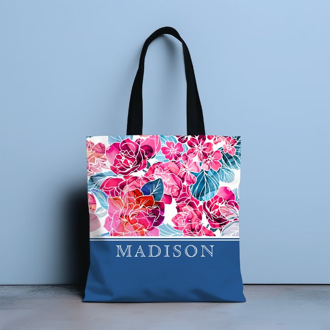 Stylish Pink Floral Pattern Chic Personalised Name Tote Bag (Creator Uploaded)