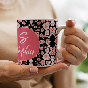 Stylish Pink floral pattern Script Monogrammed Large Coffee Mug