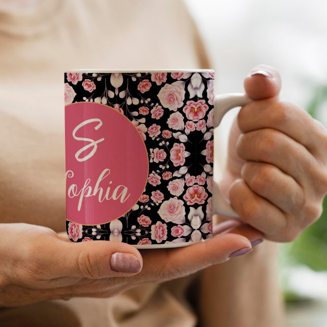 Stylish Pink floral pattern Script Monogrammed Large Coffee Mug (Creator Uploaded)