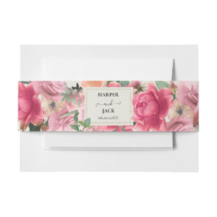 Stylish Pink Floral Rose Garden Gold Frame Wedding Invitation Belly Band