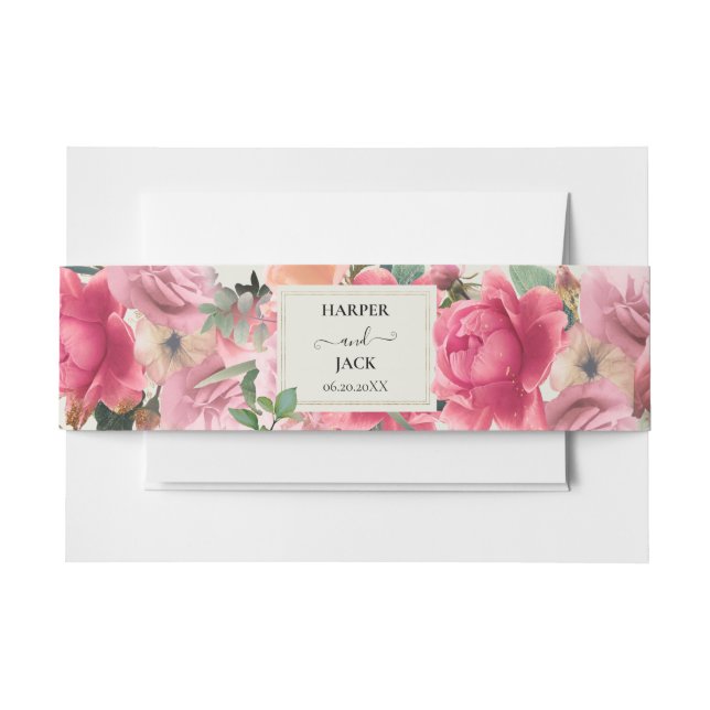 Stylish Pink Floral Rose Garden Gold Frame Wedding Invitation Belly Band (Front Example)