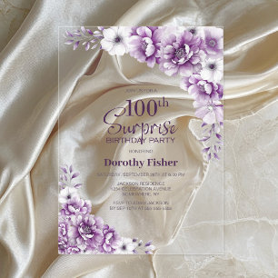 Stylish Pink Floral Surprise 100th Birthday Party Acrylic Invitations