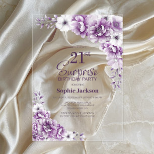 Stylish Pink Floral Surprise 21st Birthday Party Acrylic Invitations