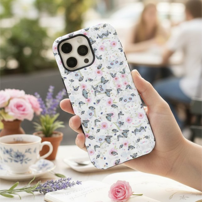 Stylish pink flower Blue Butterfly Elegant pattern iPhone Case (Creator Uploaded)