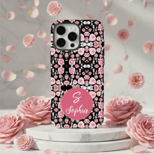 Stylish pink Flowers on black pattern Custom names iPhone 16 Pro Max Case
