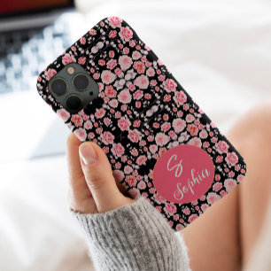 Stylish pink Flowers on black pattern Custom names Case-Mate iPhone Case
