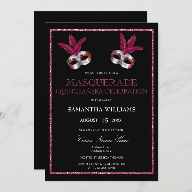 Stylish Pink Glitter Masquerade Quinceañera Invitation (Front/Back)