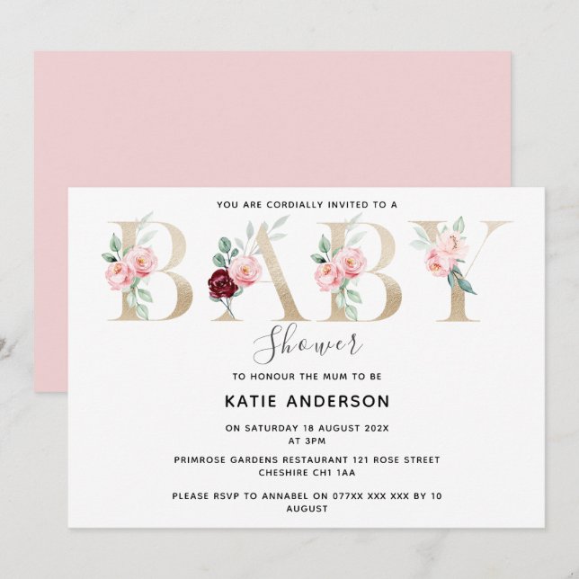 Stylish Pink Gold Floral Baby Girl Shower  Invitation (Front/Back)