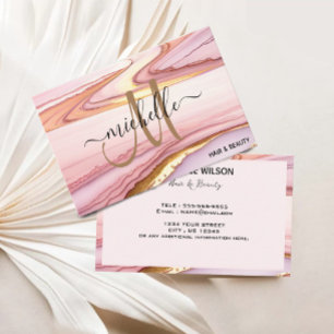 Stylish Pink Gold Glitter Marble Agate Monogram  Business Card