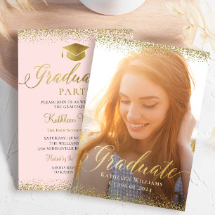 Stylish Pink Gold Glitter Photo Graduation Party Invitation
