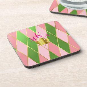 Stylish Pink & Green Argyle Monogram Coaster
