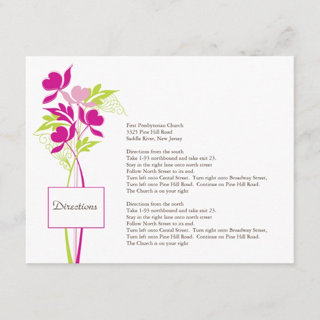 Stylish Pink & Green Bouquet Direction Card (Front)