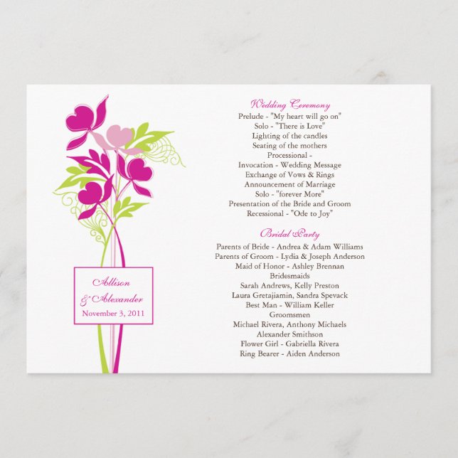 Stylish Pink & Green Bouquet  Wedding Program Programme (Front)