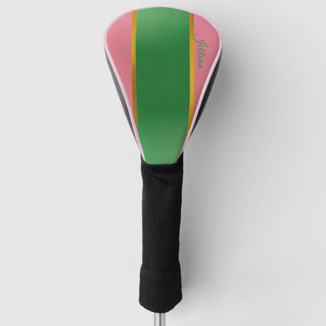 Stylish Pink Green Monogram Preppy  Golf Head Cover (Front)