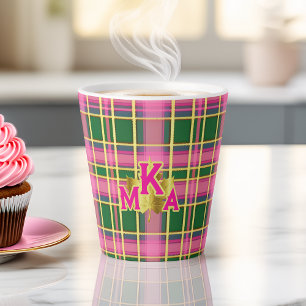 Stylish Pink & Green Plaid Monogrammed Latte Mug