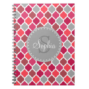 Stylish Pink Grey Moroccan Pattern Monogram Notebook