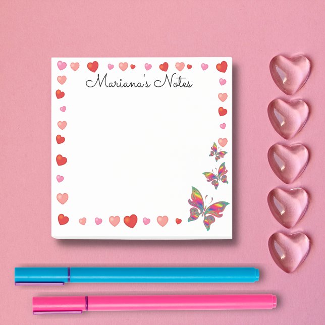 stylish pink hearts and butterflies personalise post-it notes (Creator Uploaded)