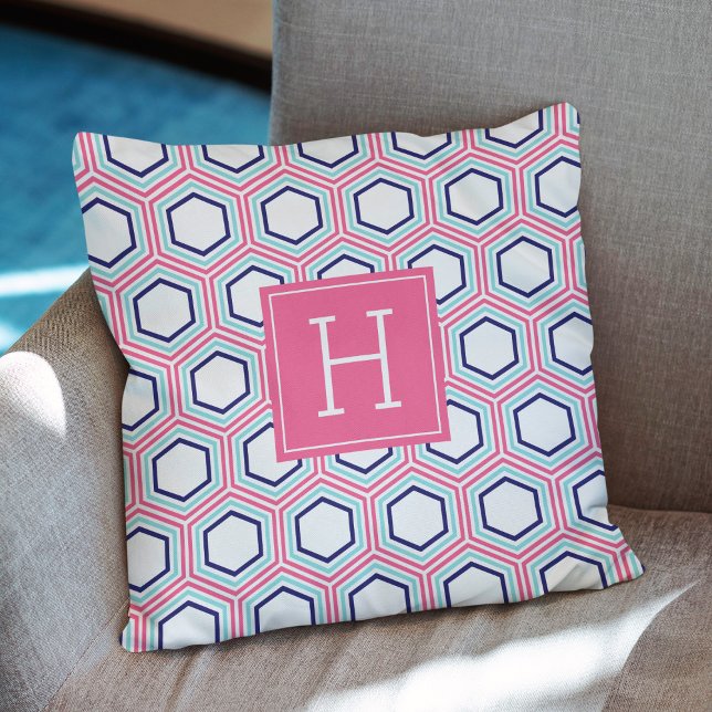 Stylish Pink Honeycomb Pattern Monogram Cushion (Creator Uploaded)