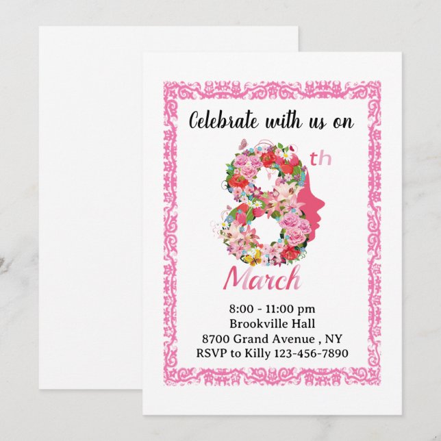 Stylish pink International Women's Day Floral card (Front/Back)