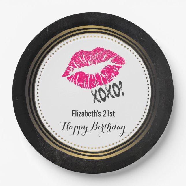 Stylish Pink Kissy Lips with xoxo! Happy Birthday Paper Plate (Front)
