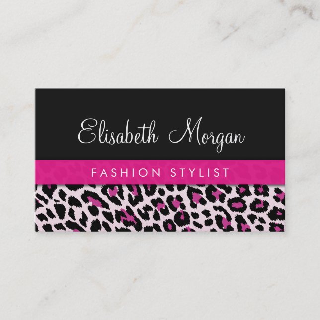 Stylish Pink Leopard Print Girly Ribbon Networking Business Card (Front)