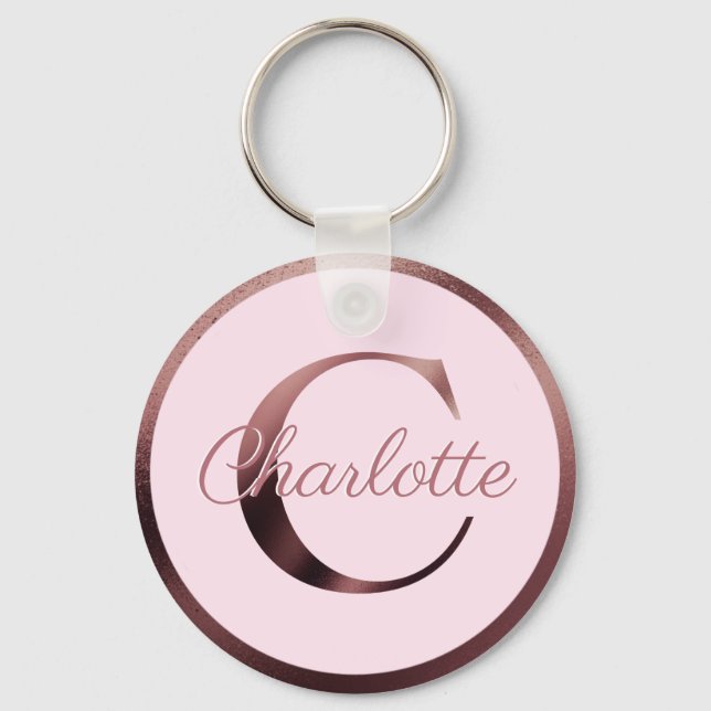 Stylish Pink Letter C Rose Gold Metallic Monogram Key Ring (Front)