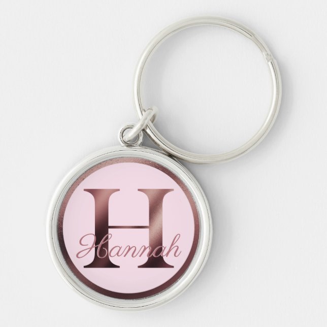 Stylish Pink Letter H Rose Gold Metallic Monogram Key Ring (Front)