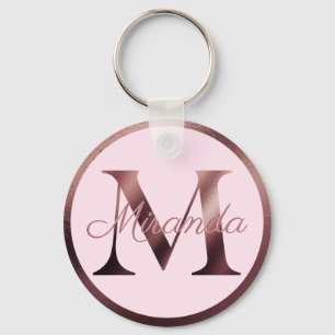 Stylish Pink Letter M Rose Gold Metallic Monogram Key Ring