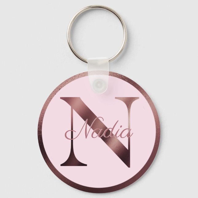 Stylish Pink Letter N Rose Gold Metallic Monogram Key Ring (Front)