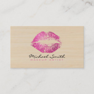 Stylish Pink Lips Makeup Artist Modern Wood Business Card
