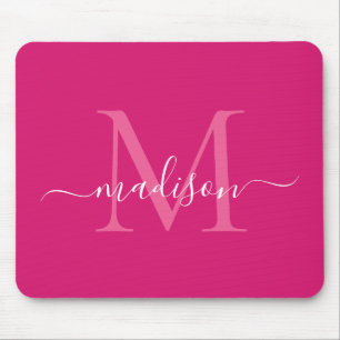 Stylish Pink Magenta White Monogram Script Modern Mouse Pad
