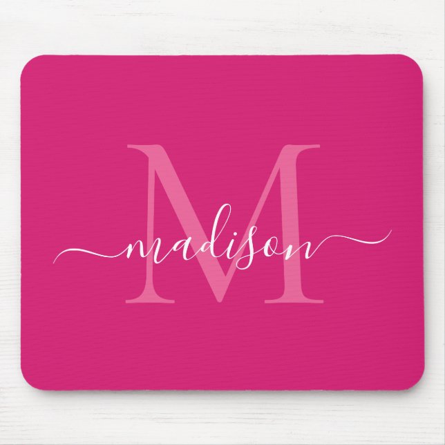 Stylish Pink Magenta White Monogram Script Modern Mouse Pad (Front)