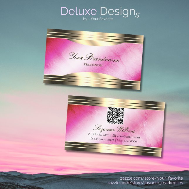 Stylish Pink Marble Chic Gold Borders with QR Code Business Card (Creator Uploaded)