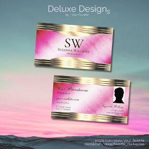 Stylish Pink Marble Gold Border Monogram and Photo Business Card