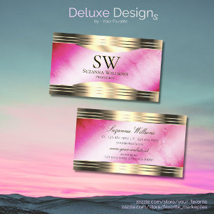 Stylish Pink Marble Gold Borders with Monogram Business Card