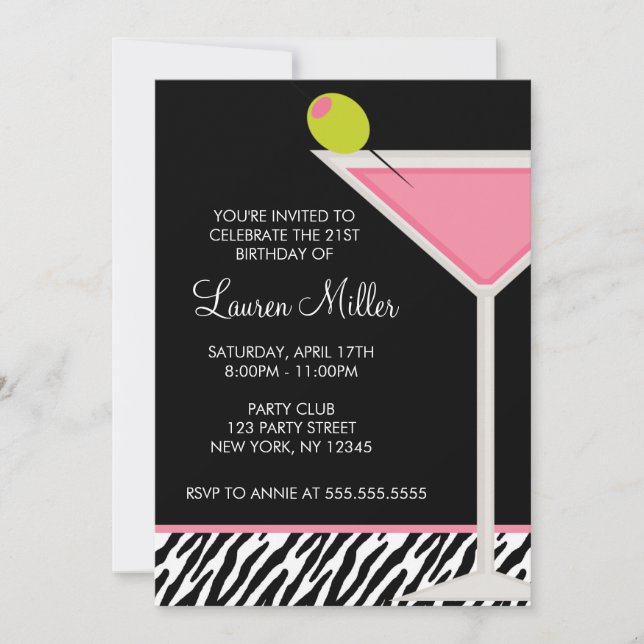 Stylish Pink Martini Glass Birthday Party Invitation (Front)