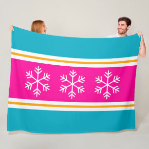 Stylish Pink Medium Teal White Stripes Snowflakes Fleece Blanket