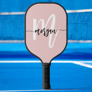 Stylish Pink Modern Script Girly Monogram Name Pickleball Paddle