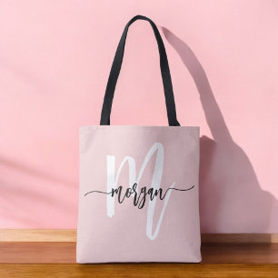 Stylish Pink Modern Script Girly Monogram Name Tote Bag