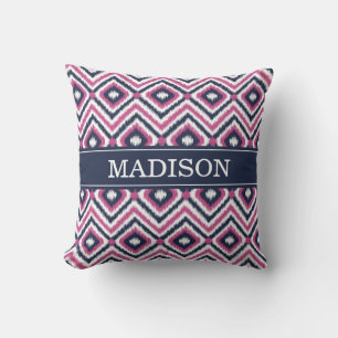 Stylish Pink Navy Ikat Diamond Pattern with Name Cushion