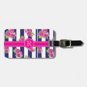 Stylish Pink Navy Striped Floral Chic Monogram Luggage Tag