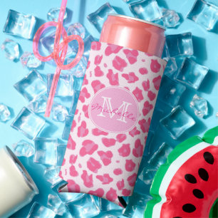 Stylish Pink on Pink Leopard Print   Monogram   Seltzer Can Cooler