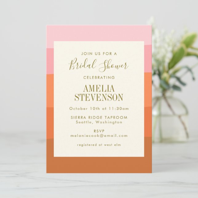 Stylish Pink Orange Abstract Stripes Bridal Shower Invitation (Standing Front)