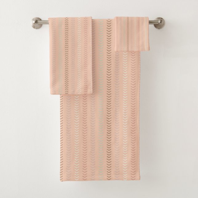 Stylish Pink Orange Boho Herringbone Pattern Bath Towel Set (Insitu)