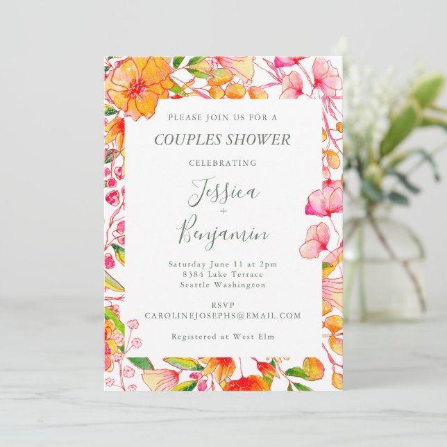Stylish Pink Orange Botanical Couples Shower Invitation (Standing Front)