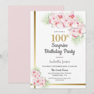 Stylish Pink Orchid Surprise 100th Birthday Party Invitation