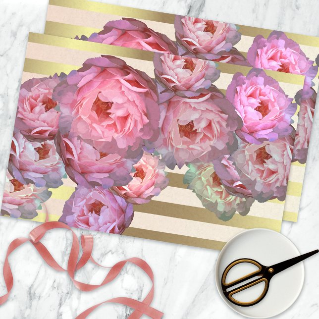 Stylish Pink Peonies On Gold Horizontal Stripes Tissue Paper (Creator Uploaded)