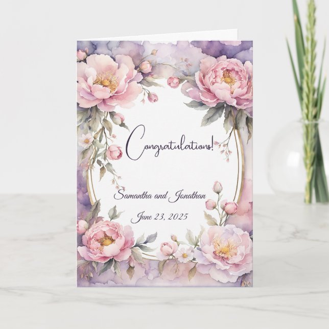 Stylish Pink Peony Oval Frame Wedding  Card (Front)